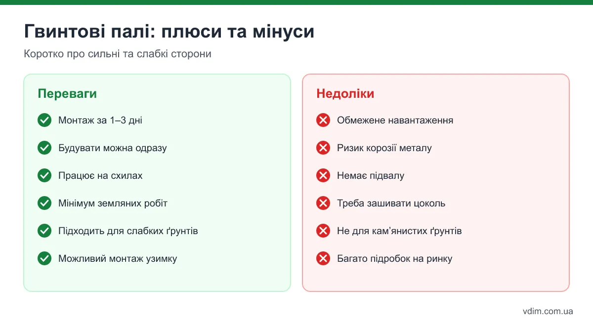 Інфографіка: переваги та недоліки фундаменту на гвинтових палях