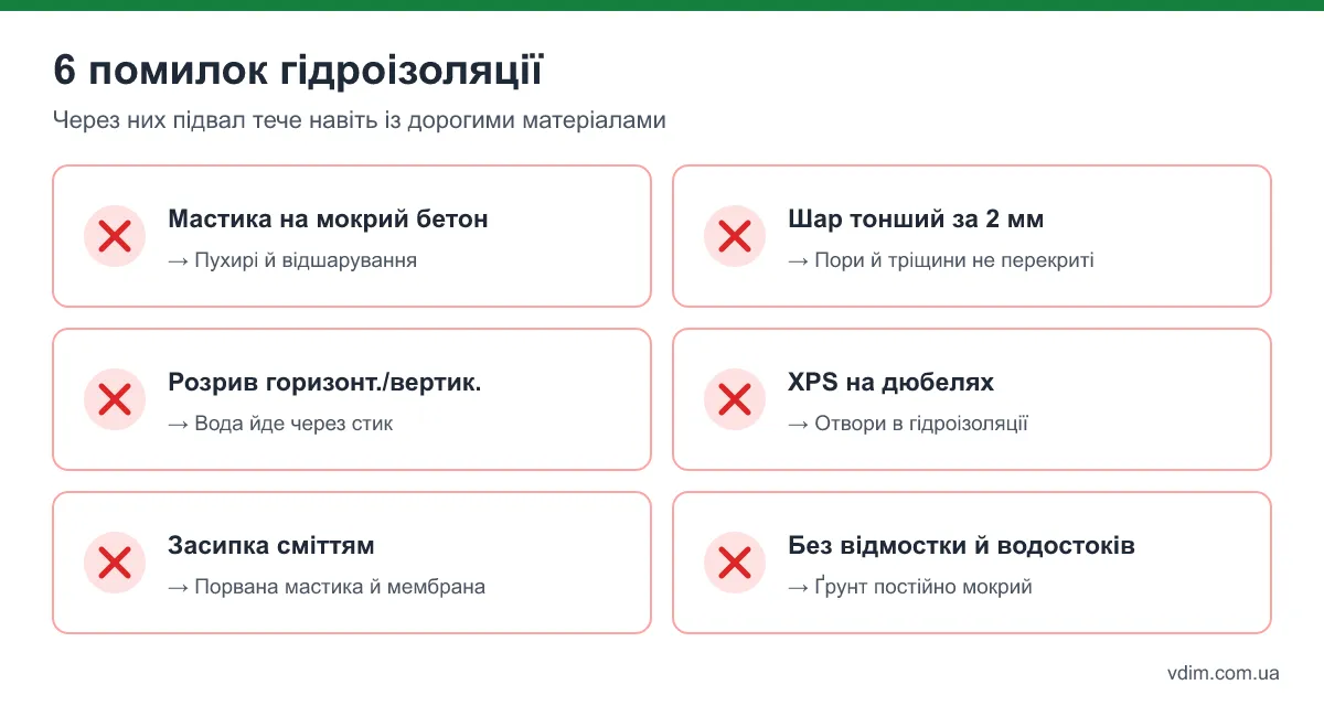 Інфографіка: 6 помилок при гідроізоляції фундаменту та їхні наслідки