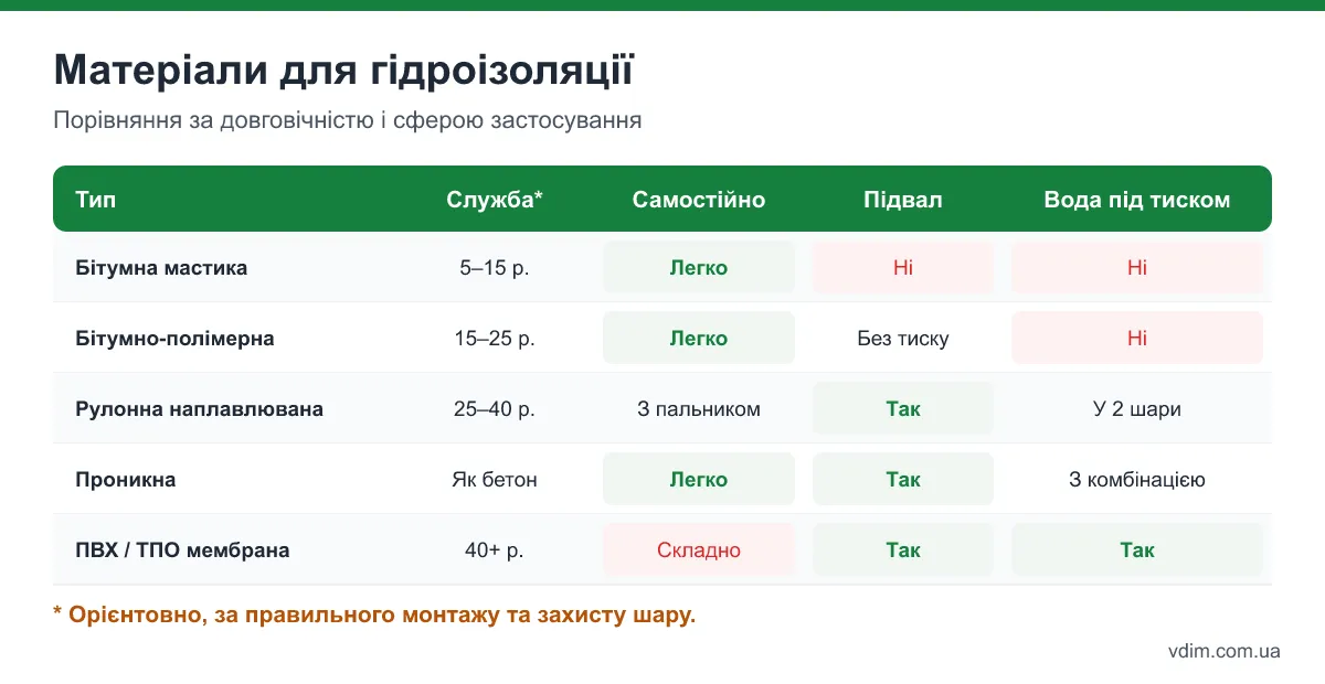 Таблиця порівняння матеріалів для гідроізоляції фундаменту: обмазувальні, рулонні, проникні, мембрани