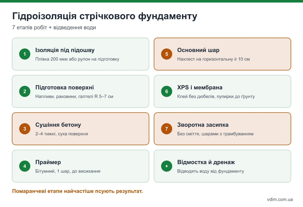 Інфографіка: 7 етапів гідроізоляції стрічкового фундаменту від підготовки основи до зворотної засипки