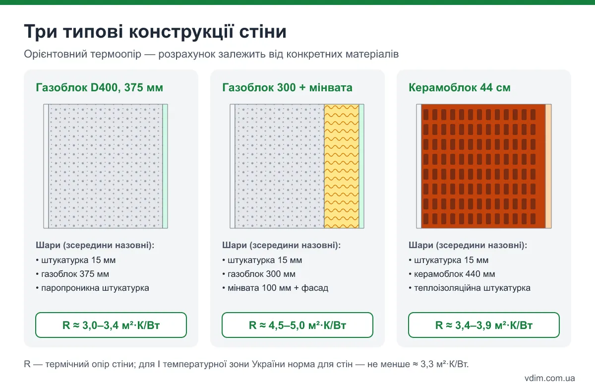 Три типові конструкції стіни: газоблок 375 мм, газоблок 300 мм з мінватою і керамоблок 44 см