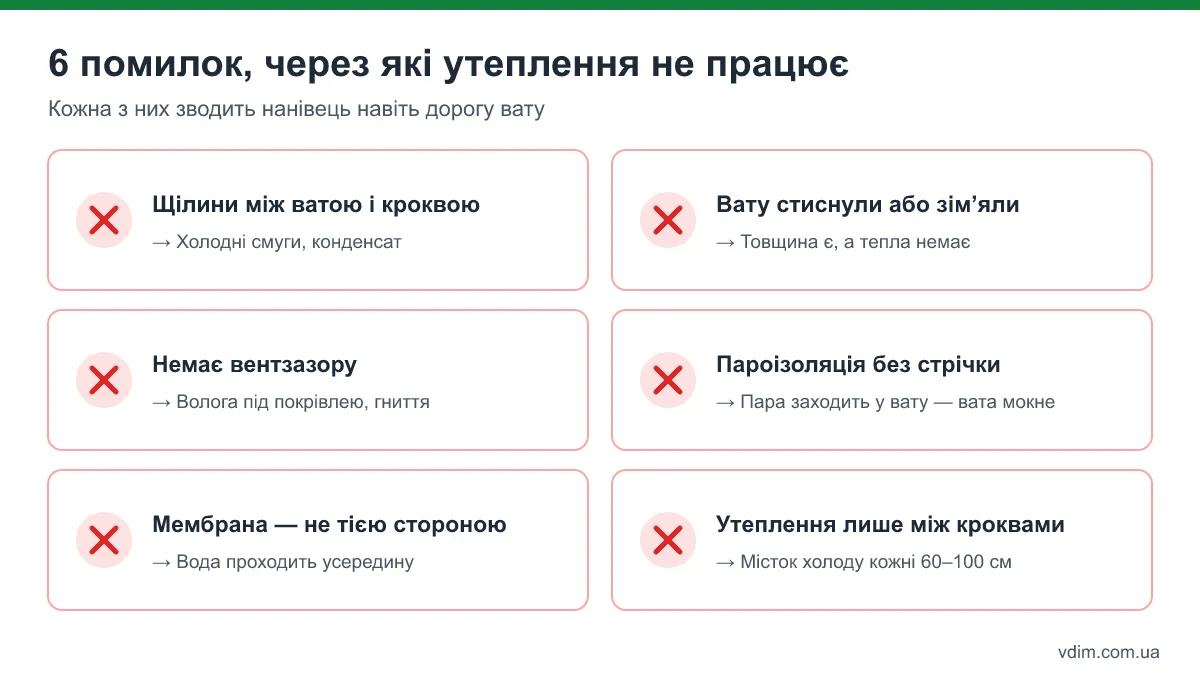 Типові помилки утеплення даху мінватою: щілини, стиснення вати, відсутність вентзазору та герметизації