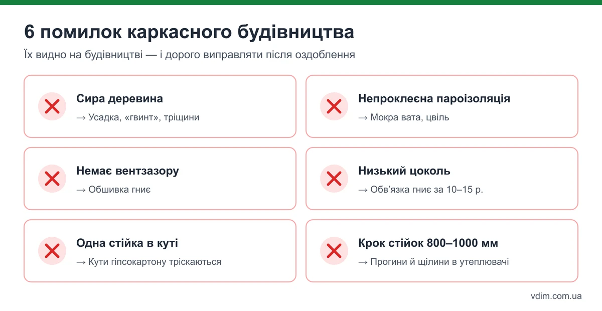 Типові помилки каркасного будівництва: сира деревина, діряві пароізоляція, відсутність вентзазору, містки холоду, каркас на землі