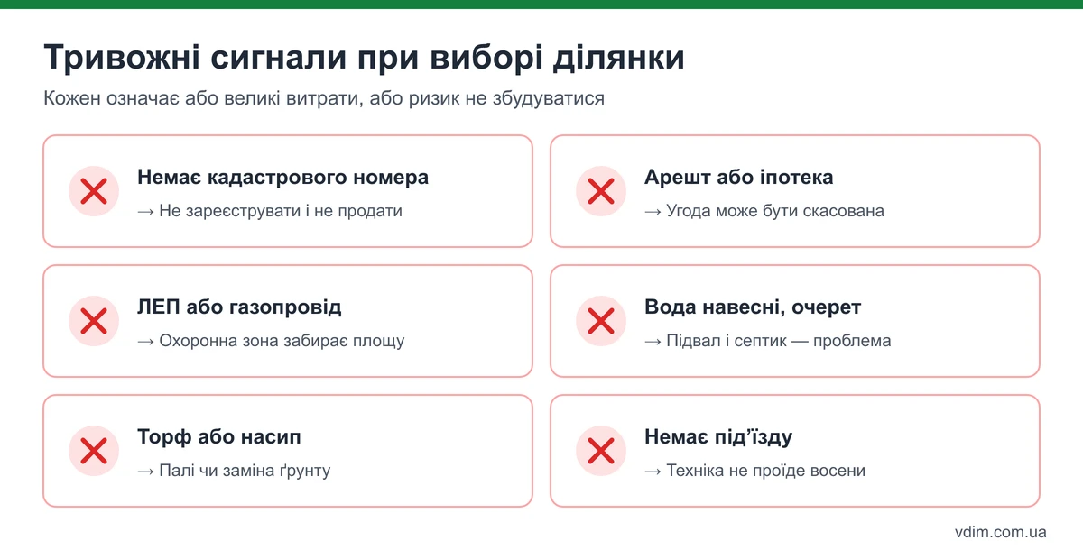 Тривожні сигнали при виборі ділянки: низина з водою, торф, ЛЕП над ділянкою, немає кадастру, арешт, немає під'їзду
