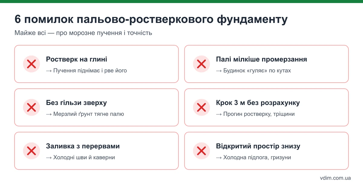 Типові помилки пальово-ростверкового фундаменту: ростверк на глині, мілкі палі, без гільзи, великий крок, холодні шви