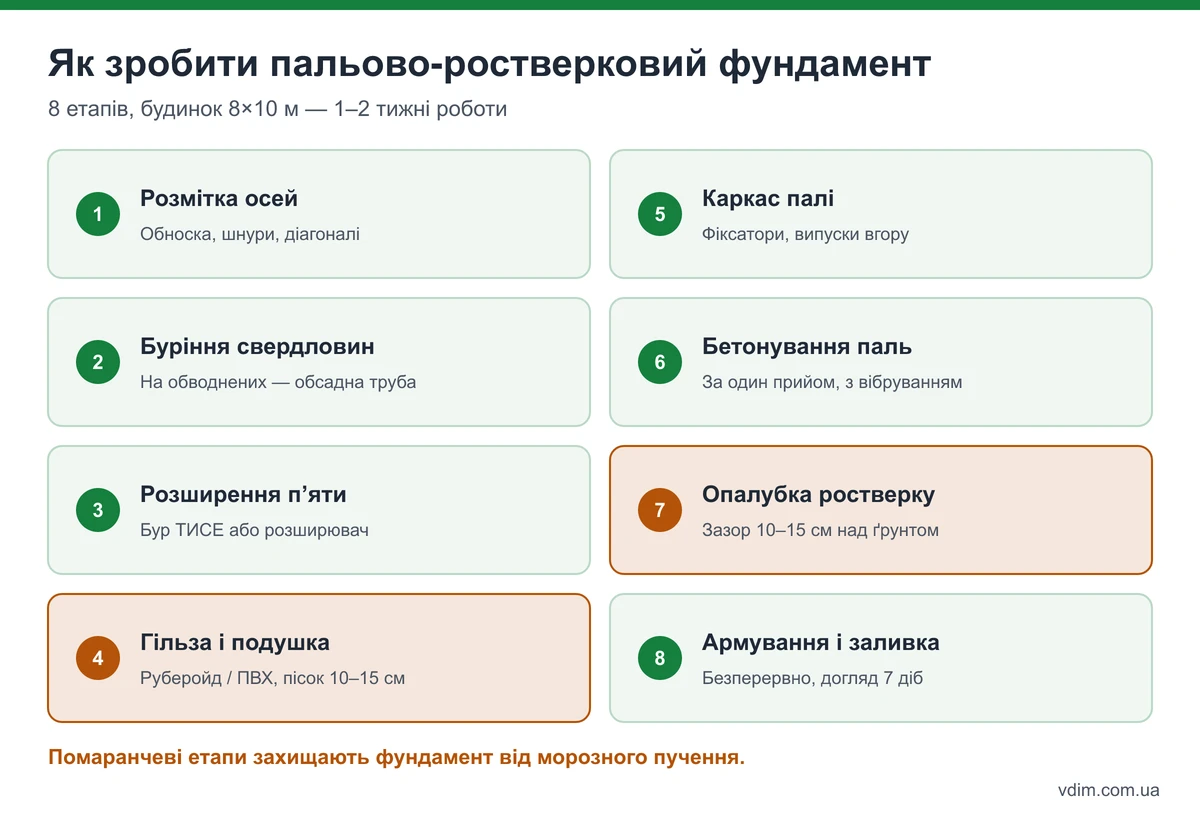 Етапи влаштування пальово-ростверкового фундаменту: розмітка, буріння, розширення, каркас, бетон, опалубка ростверку, армування, заливка