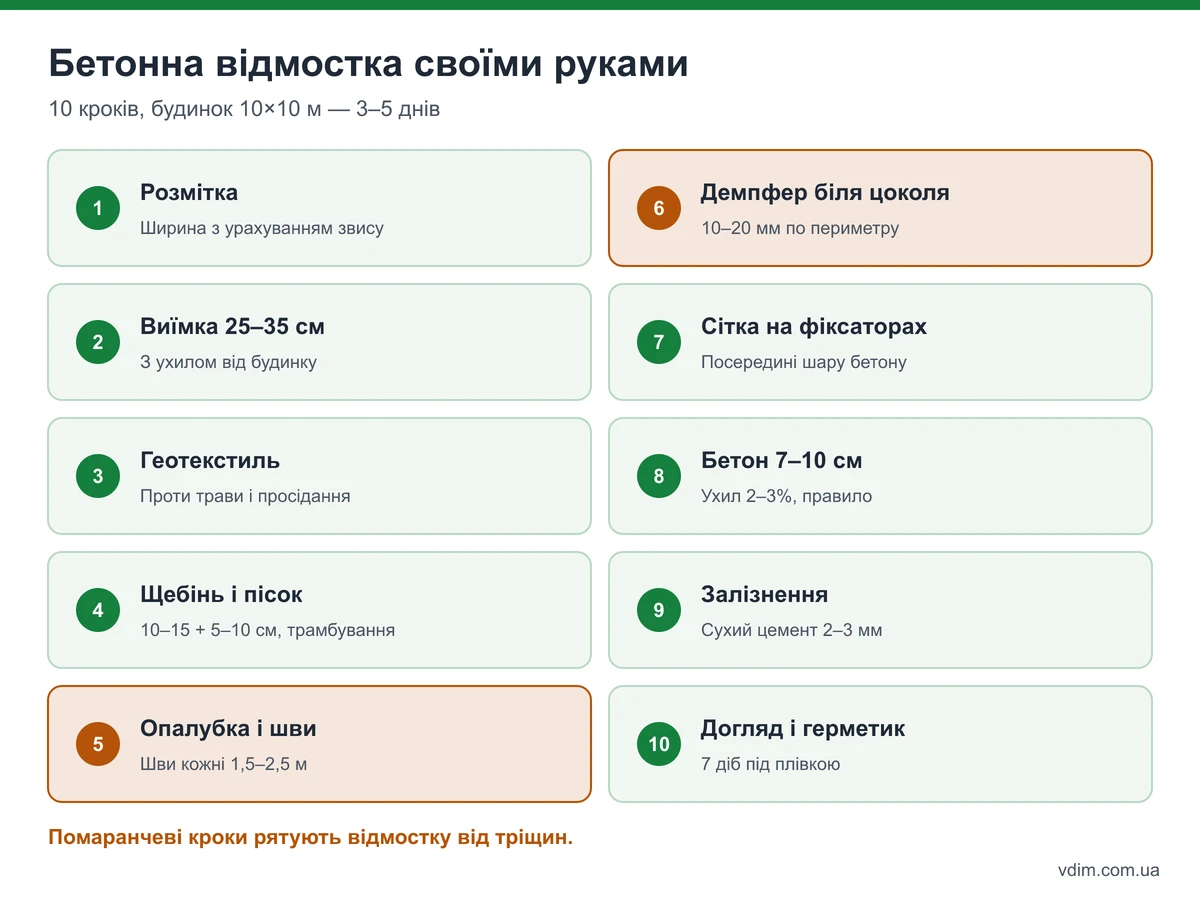 Покрокова схема влаштування бетонної відмостки: виїмка, геотекстиль, щебінь, пісок, опалубка, армування, бетон, шви