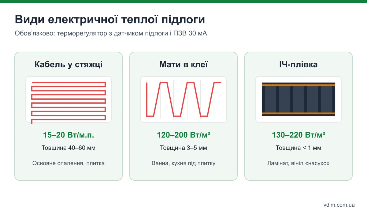 Види електричної теплої підлоги: кабель у стяжці, нагрівальні мати в плитковому клеї, інфрачервона плівка під ламінат — товщина, потужність, покриття