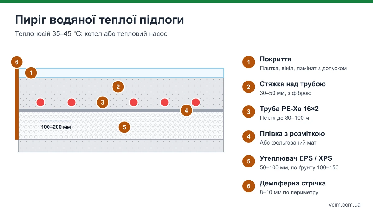 Пиріг водяної теплої підлоги в розрізі: плита, утеплювач, плівка, труба PE-Xa, стяжка, покриття і демпферна стрічка