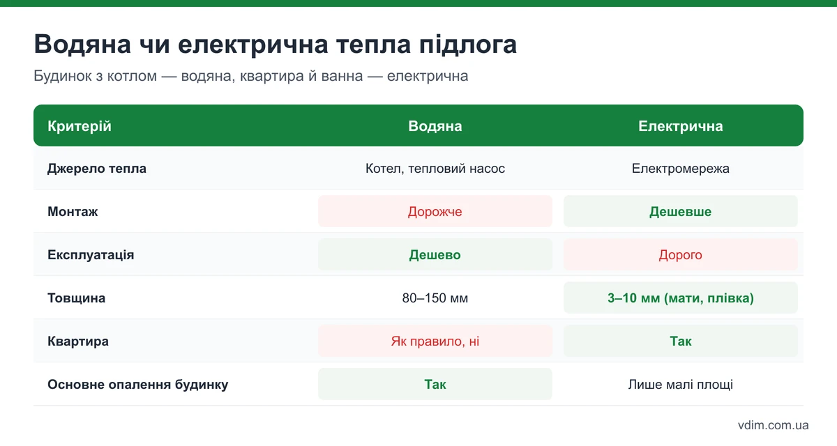 Порівняння водяної і електричної теплої підлоги: джерело тепла, монтаж, товщина, вартість монтажу й експлуатації, де доречна