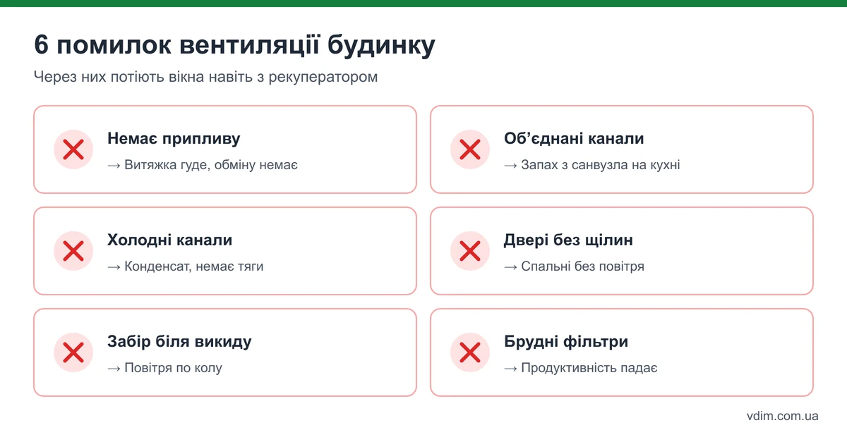 Типові помилки вентиляції будинку: немає припливу, об'єднані канали, холодні канали на горищі, двері без щілин, заборник біля викиду, брудні фільтри