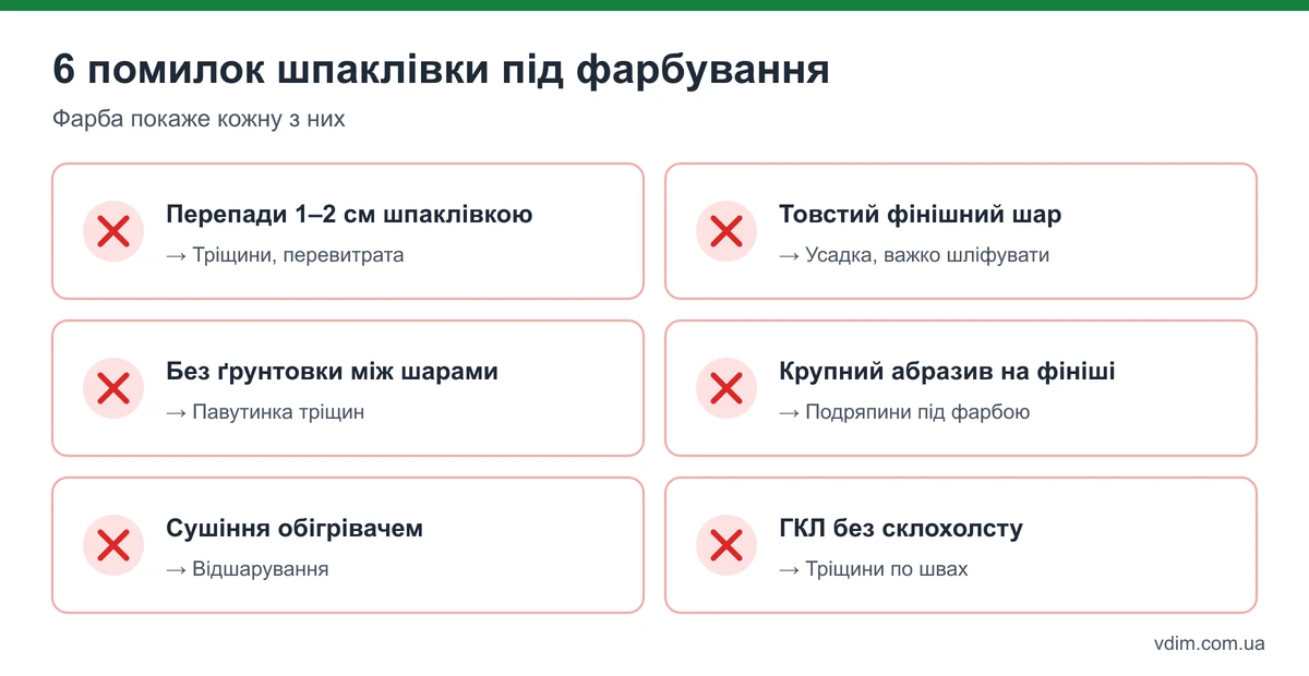 Типові помилки шпаклівки під фарбування: товсті шари, без ґрунтовки, без армування, погане шліфування, не перевірили світлом
