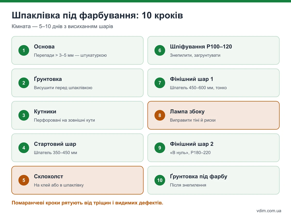 Покрокова шпаклівка стін під фарбування: ґрунтовка, стартовий шар, склохолст, шліфування, фінішні шари, контроль лампою, шліфування P180–P220