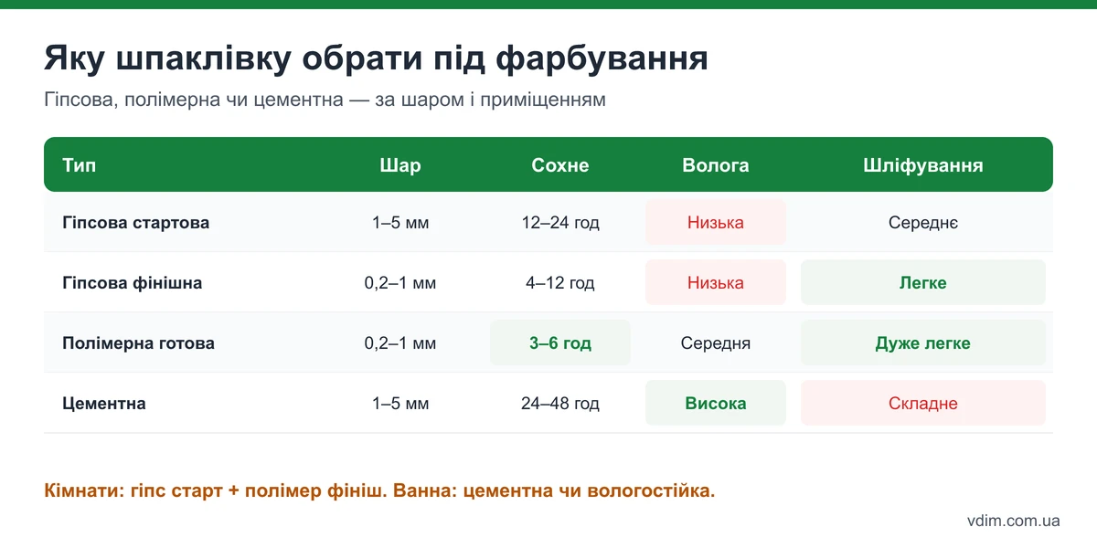 Порівняння шпаклівок: гіпсова, полімерна, цементна — шар, висихання, вологостійкість, шліфування, де застосовувати