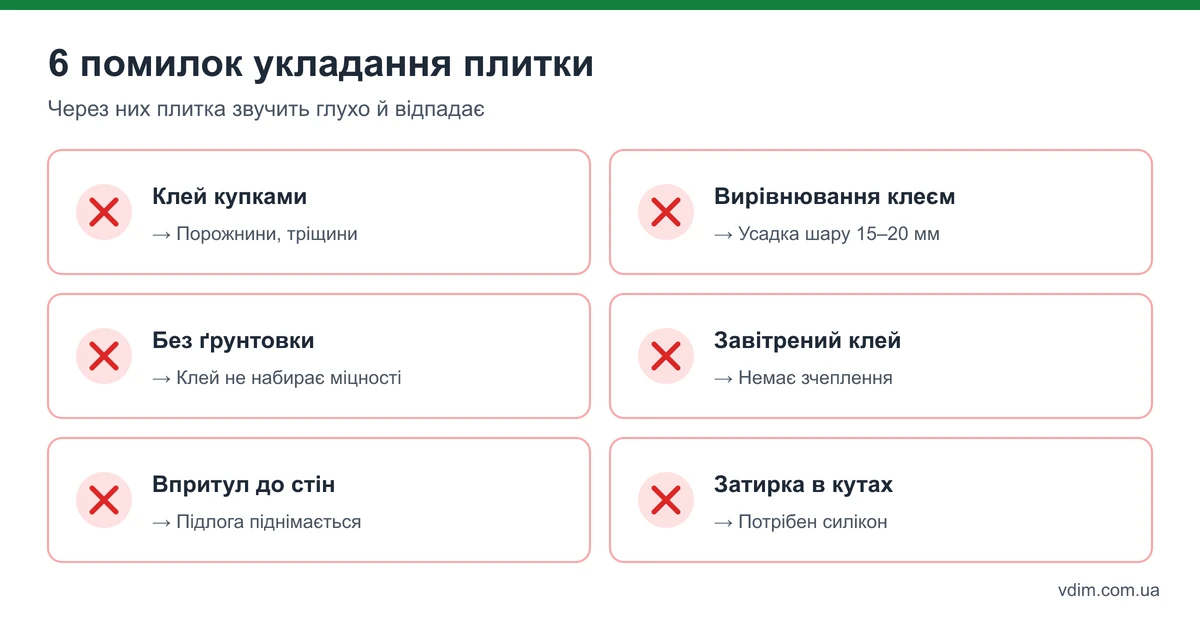 Типові помилки укладання плитки: клей купками, нерівна основа, без ґрунтовки, завітрений клей, немає шва по периметру, затирка по кутах