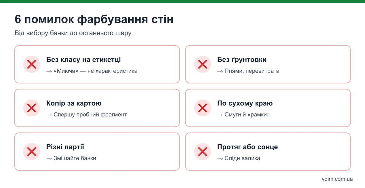 Помилки фарбування стін: без ґрунтовки, колір за маленьким зразком, фарбування по сухому краю, різні партії, невідповідний валик, протяг