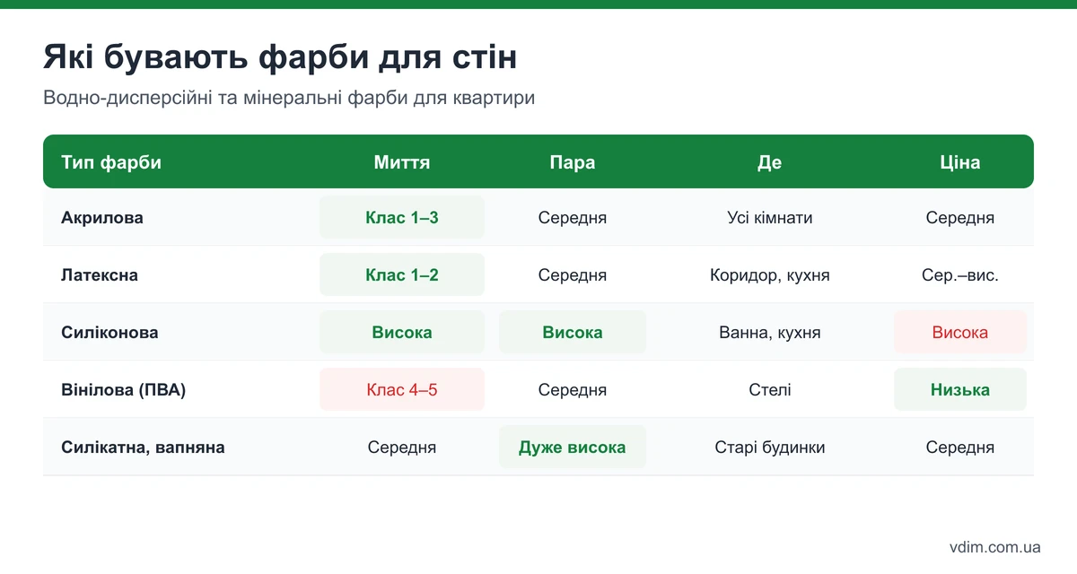 Порівняння фарб для стін: акрилова, латексна, силіконова, вінілова, силікатна — стійкість, паропроникність, миття, ціна