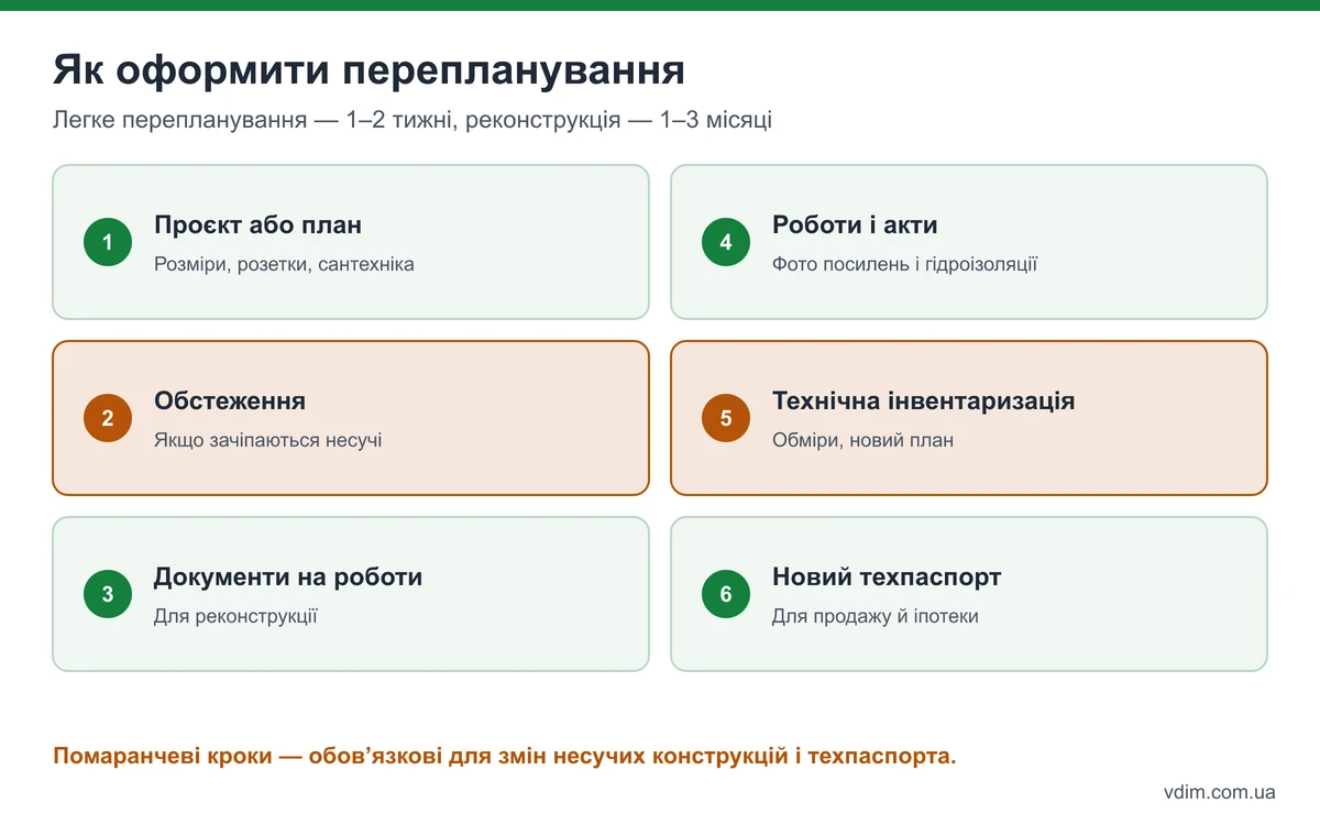 Покрокове оформлення перепланування: проєкт, роботи, акти прихованих робіт, технічна інвентаризація, новий техпаспорт, реєстр