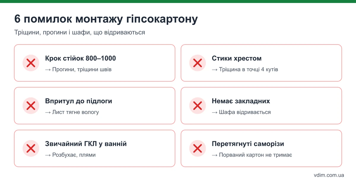 Типові помилки монтажу гіпсокартону: крок стійок 800 мм, стики хрестом, без відступу від підлоги, немає закладних, звичайний ГКЛ у ванній