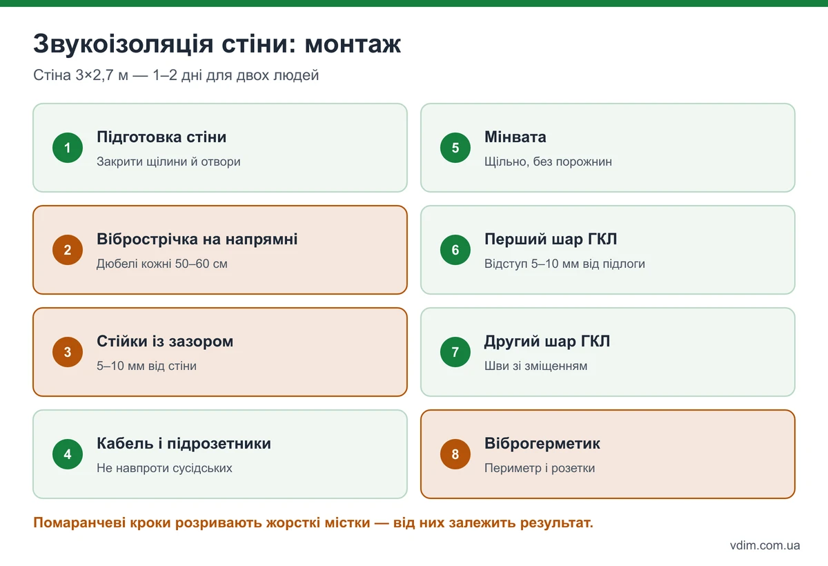 Покроковий монтаж звукоізоляції стіни: підготовка, вібророзв'язка, каркас із зазором, розетки, мінвата, два шари гіпсокартону, герметик