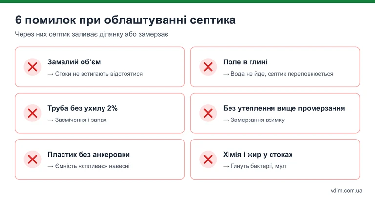 Інфографіка: 6 помилок при облаштуванні септика — малий об'єм, поле в глині, без ухилу труби, замерзання та інші