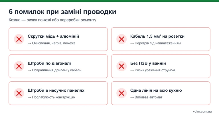 Інфографіка: 6 помилок при заміні проводки — скрутки міді з алюмінієм, кабель 1,5 мм² на розетки, діагональні штроби та інші