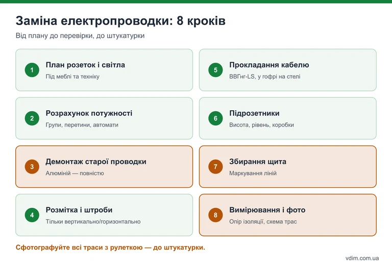 Інфографіка: 8 кроків заміни електропроводки в квартирі від плану до вимірювань і фото трас