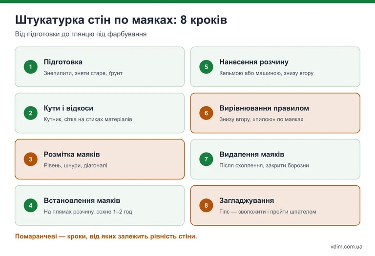 Інфографіка: 8 кроків штукатурки стін по маяках від підготовки до загладжування