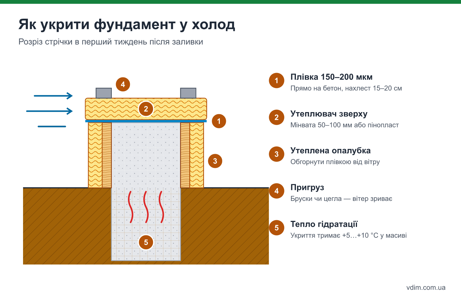 Схема утеплення свіжого фундаменту: плівка на бетоні, утеплювач зверху, засипка пазух і укриття опалубки
