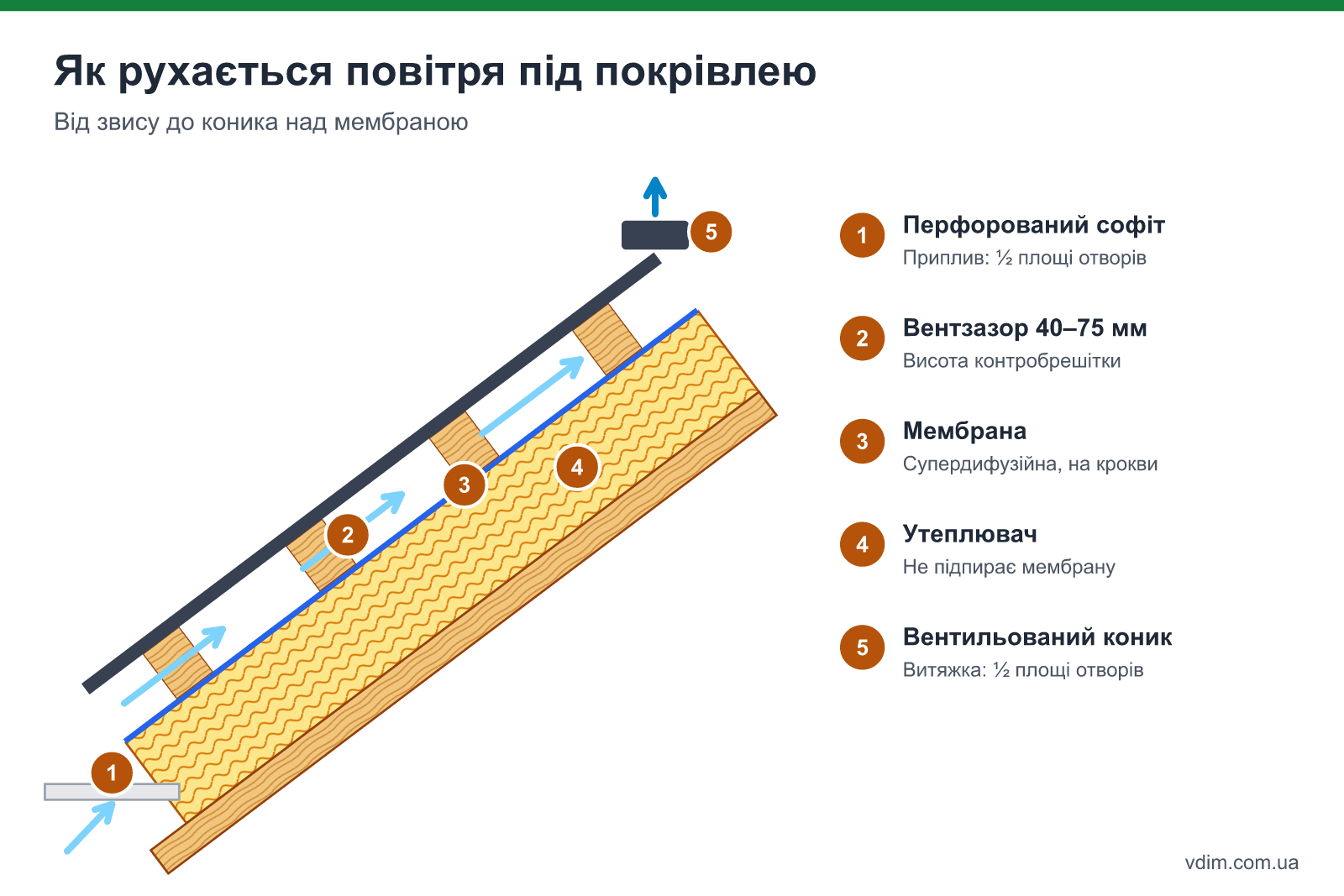 Схема вентиляції покрівлі: повітря заходить через перфорований софіт звису, рухається в зазорі контробрешітки над мембраною і виходить через вентильований коник